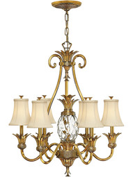 Pineapple 6 Light Chandelier With Silk Shades in Burnished Brass.